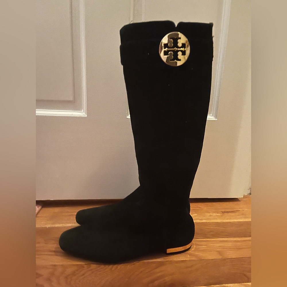 Authentic Tory Burch Uma Black Suede Boots with gold hardware detail--amazing!!